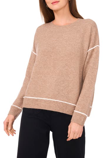 Vince Camuto Contrast Trim Crewneck Sweater In Brown