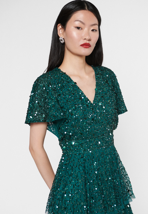 Beauut Embellished Sequin Beaded Wrap Neck With Short Sleeves Maxi Dress In Emerald Green