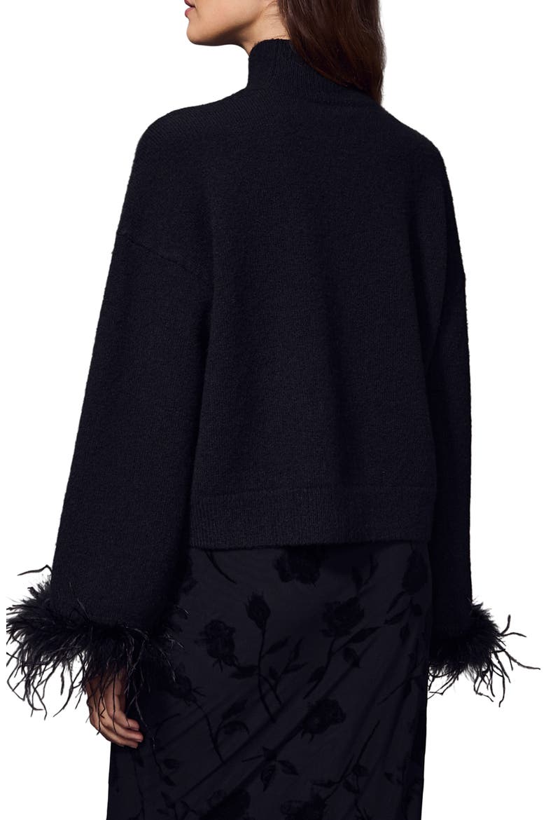 Feather Trim Mock Neck Sweater, Main, color, BLACK