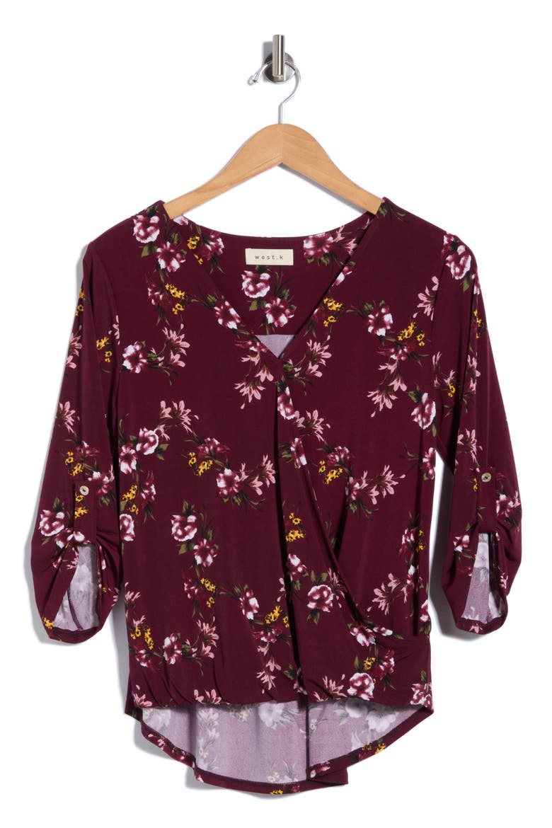Floral Surplice High Low Top, Alternate, color, BURGUNDY FLORAL