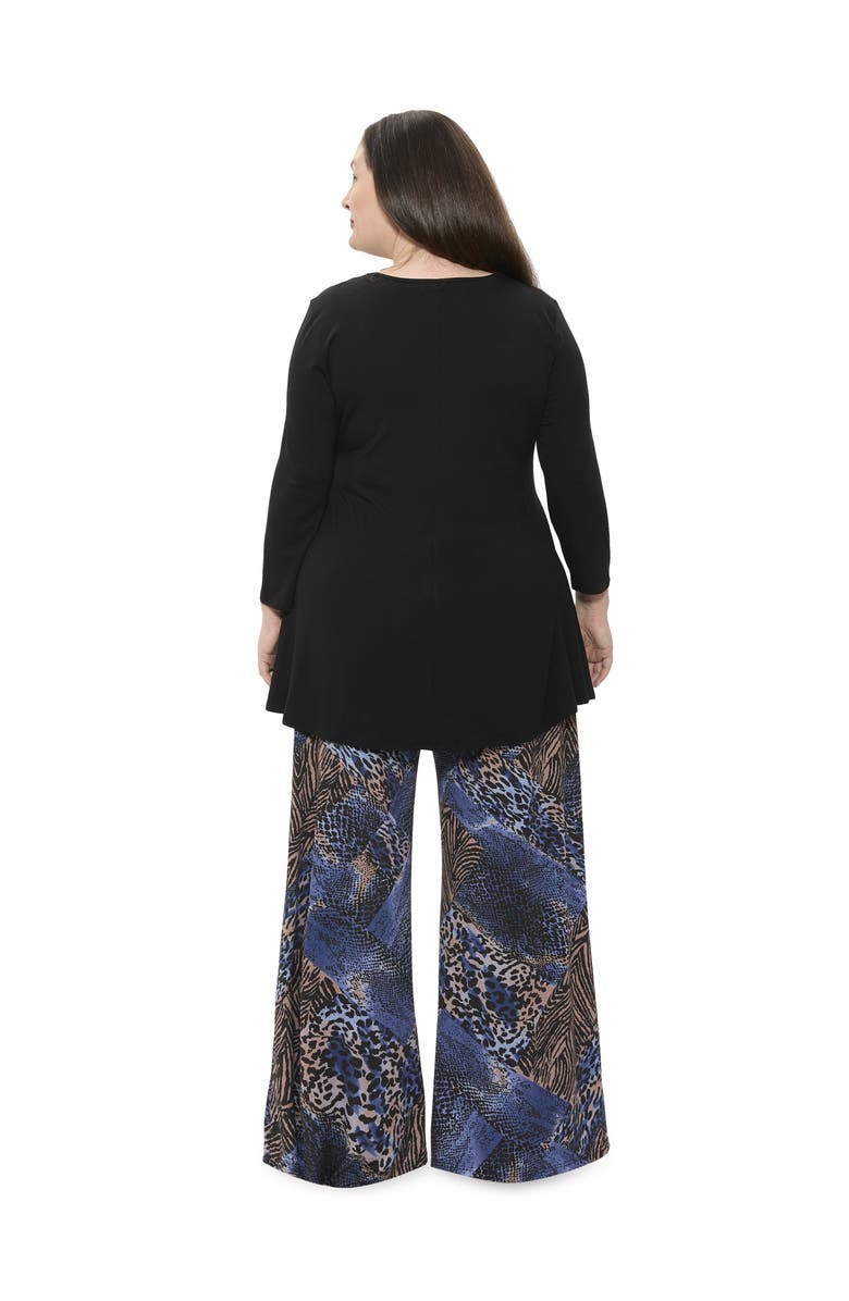 24seven Comfort Apparel Plus Size Animal Print V Neck Long Sleeve Swing Tunic Top and Pant Set, Alternate, color, Blue Multi