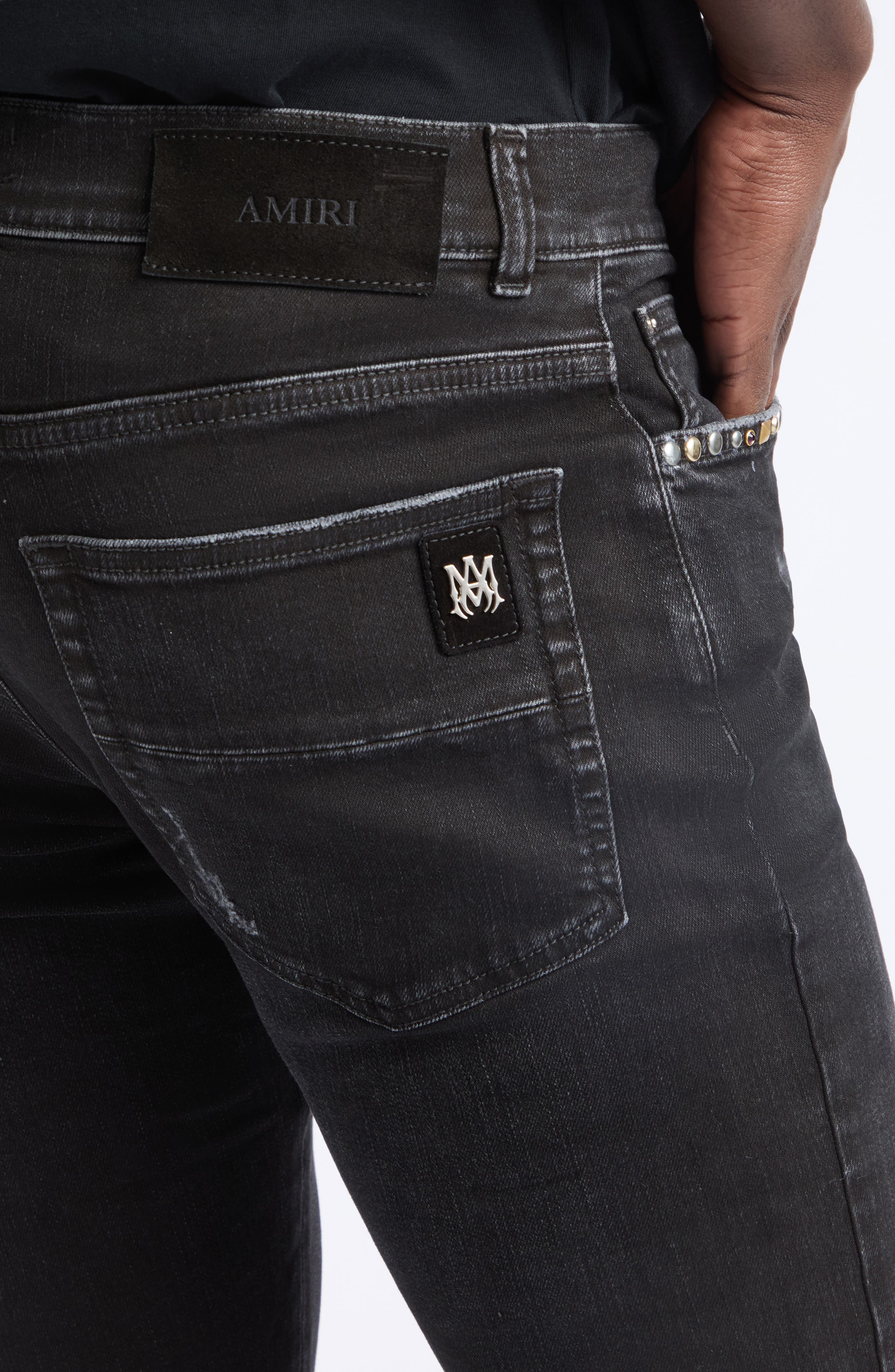 AMIRI MX1 Studded Patch Ripped Skinny Jeans (Men) | Nordstrom