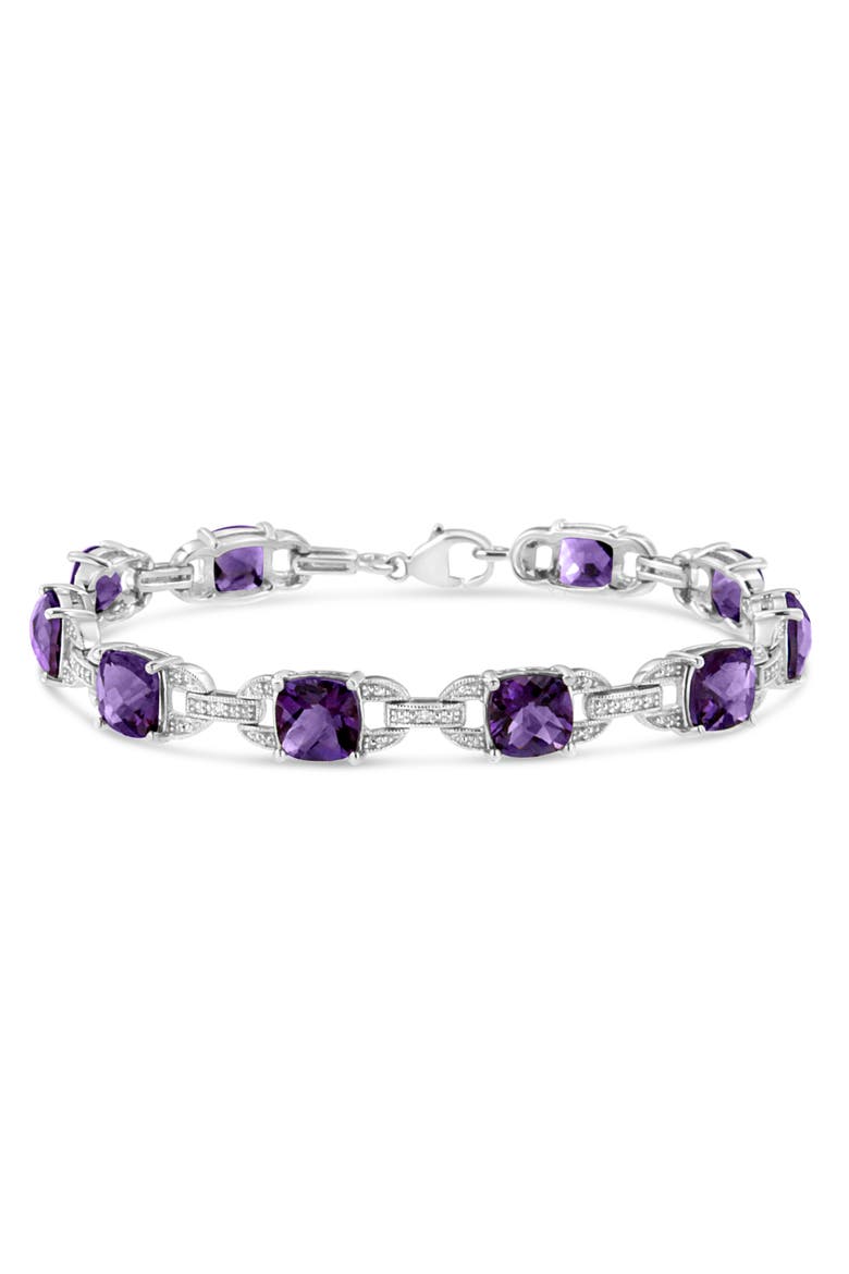 Silver 7mm Cushion Cut Amethyst Gemstone and Diamond Tennis Link Bracelet, Main, color, White