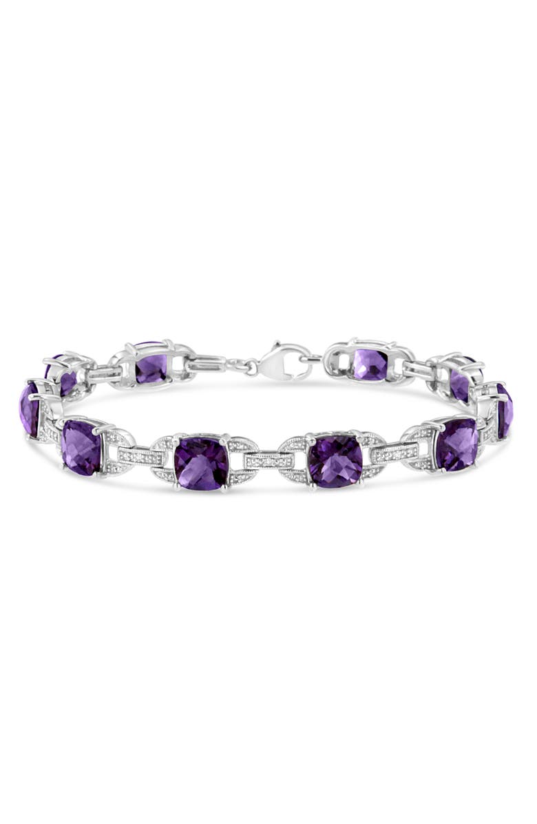 Haus of Brilliance Silver 7mm Cushion Cut Amethyst Gemstone and Diamond Tennis Link Bracelet, Main, color, White