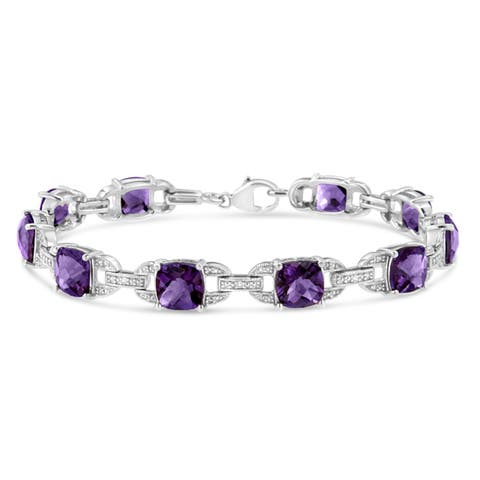 Silver 7mm Cushion Cut Amethyst Gemstone and Diamond Tennis Link Bracelet