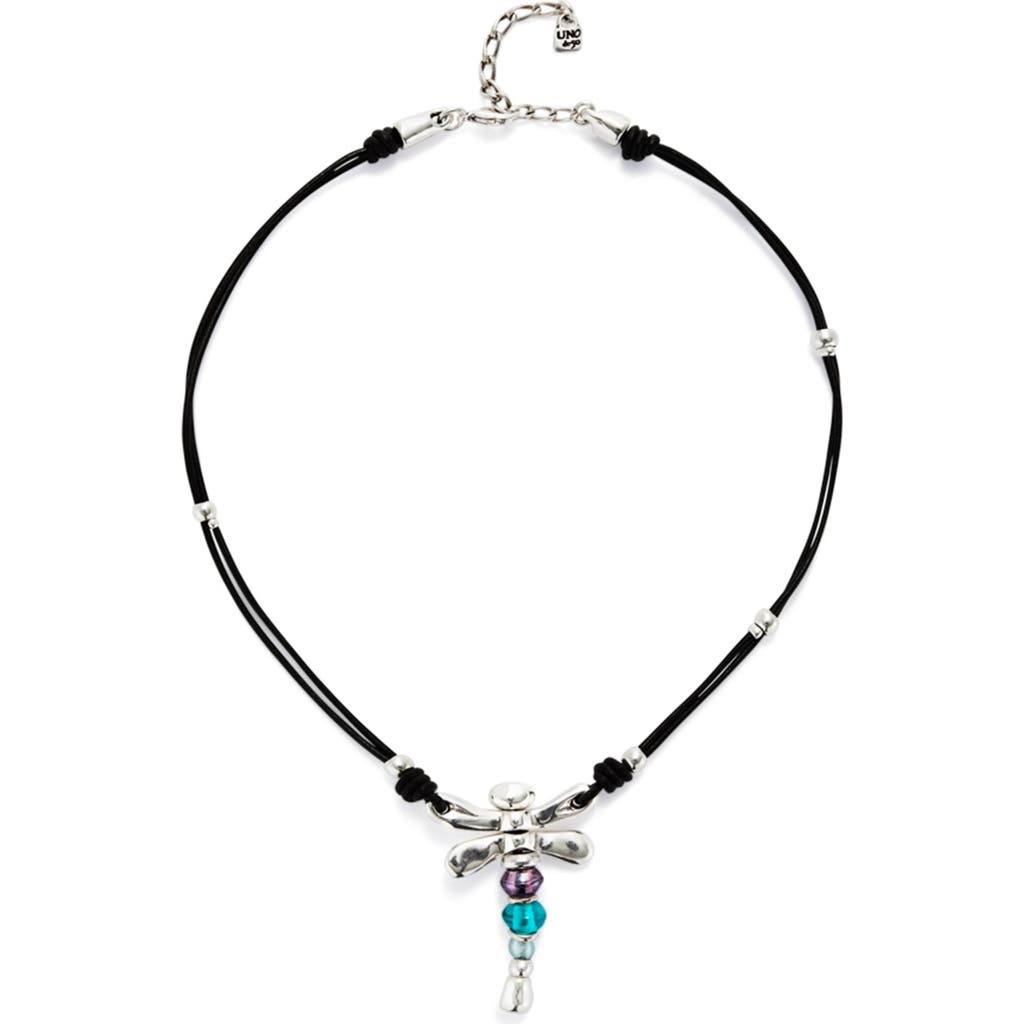 Unode50 Leather Necklace With Sterling Silver-plated Dragonfly And Crystals In Black