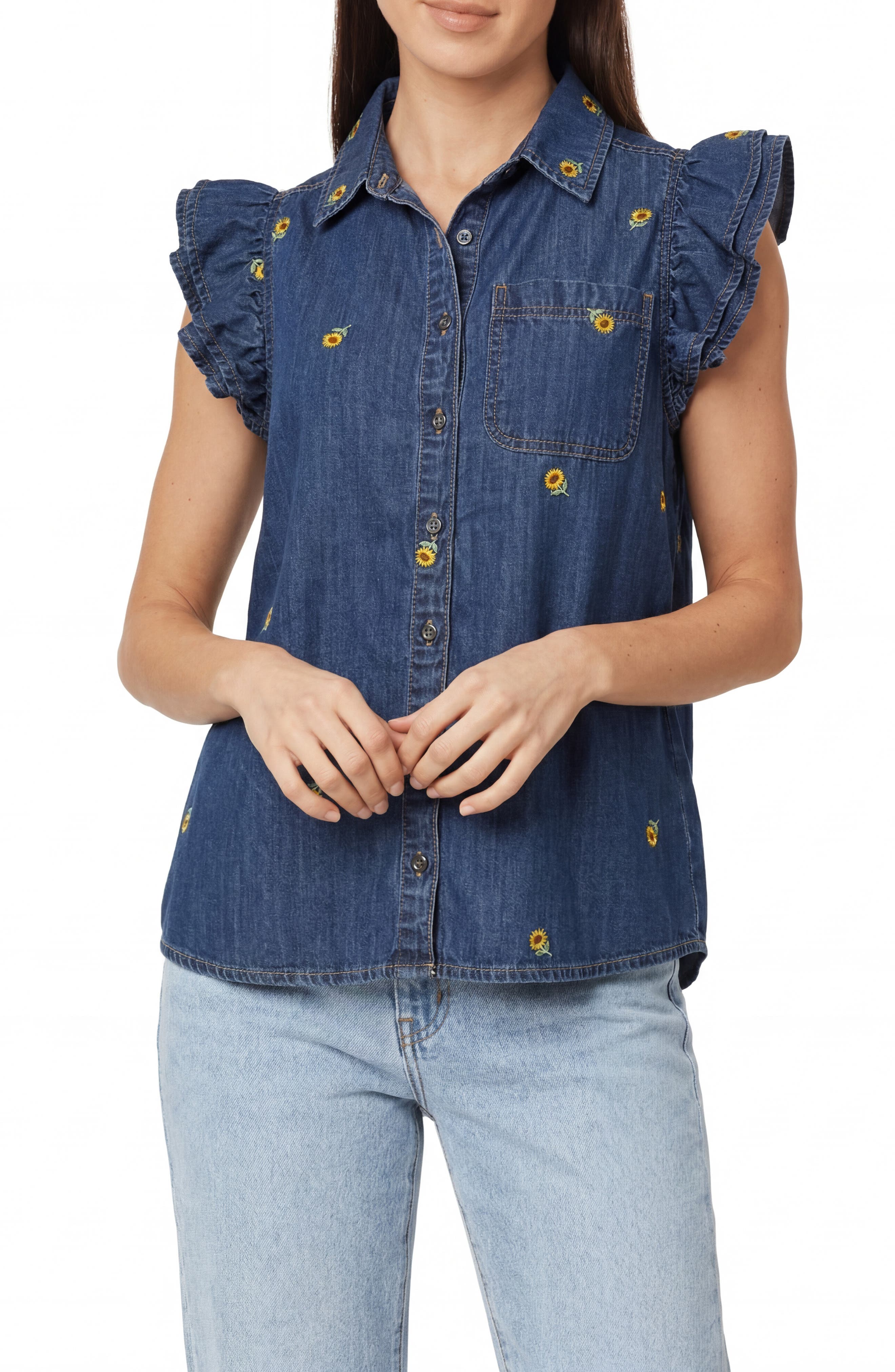 Denim Double Flutter Sleeve Button Front Top - image 5
