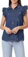 Kensie Denim Double Flutter Sleeve Button Front Top