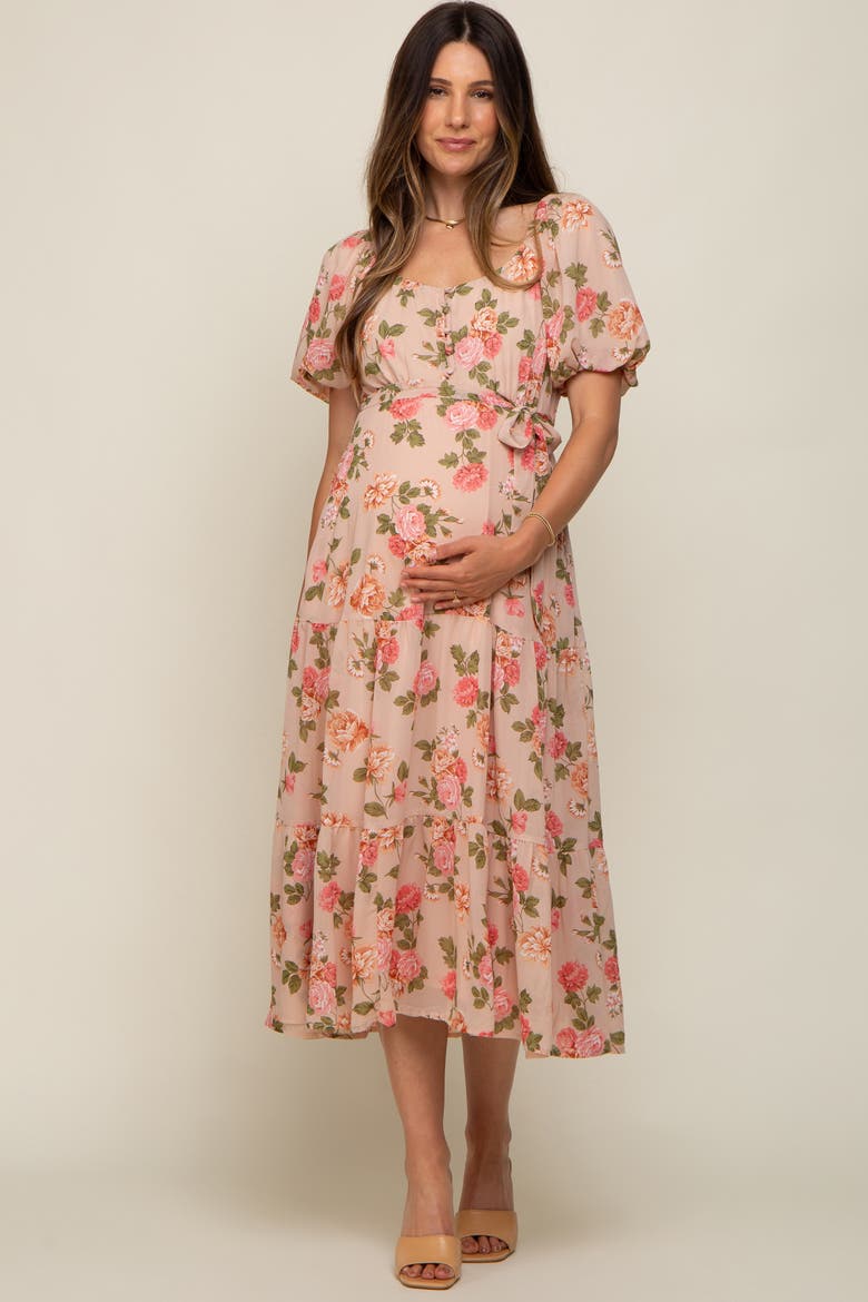 Floral Button Puff Sleeve Midi Dress, Alternate, color, Pink