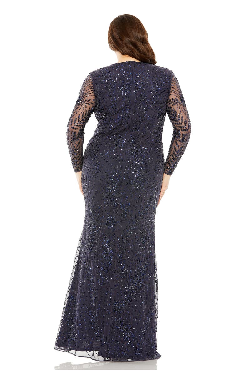 Mac Duggal Long Sleeve Mesh Embellished Gown, Alternate, color, Midnight