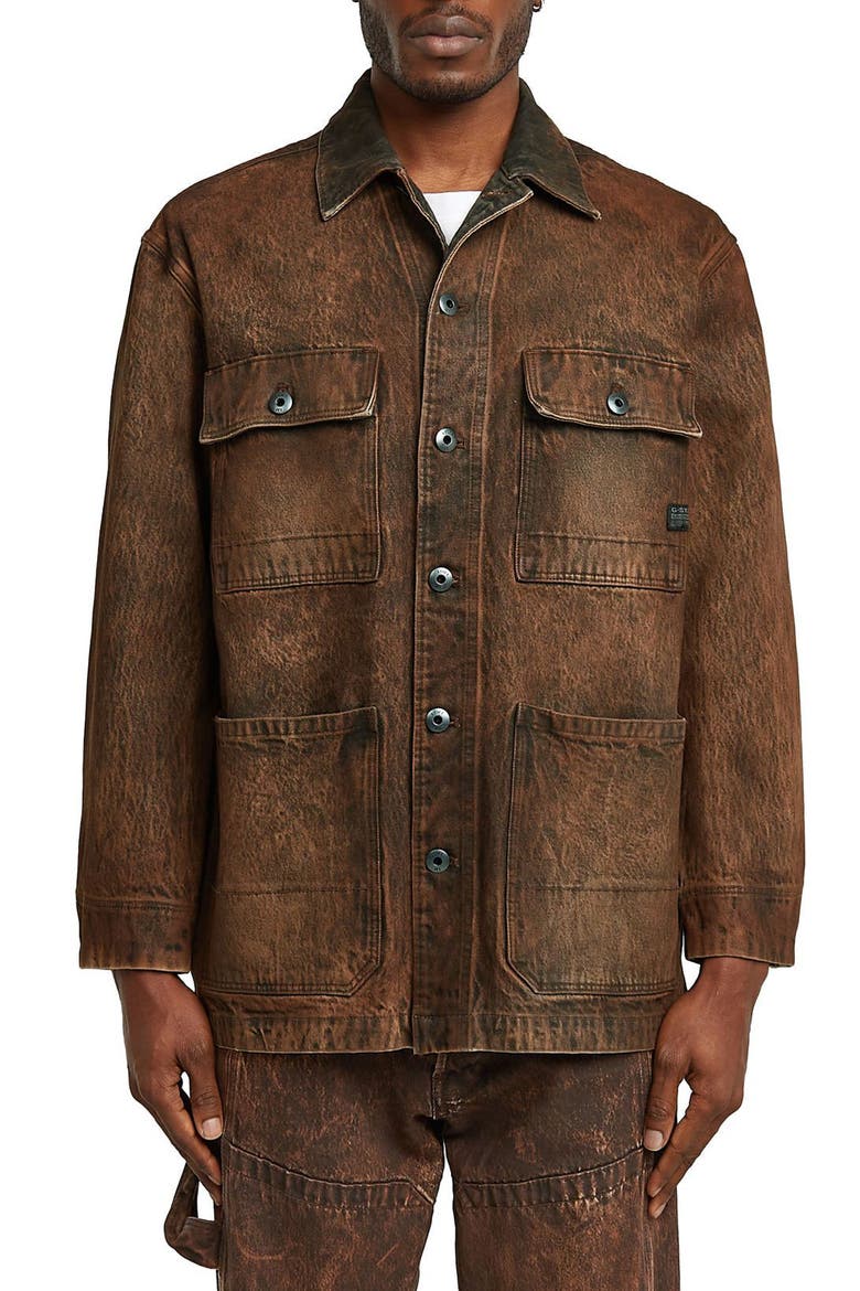 Leather Effect Cotton Denim Chore Jacket, Main, color, FADED COGNAC SKIN