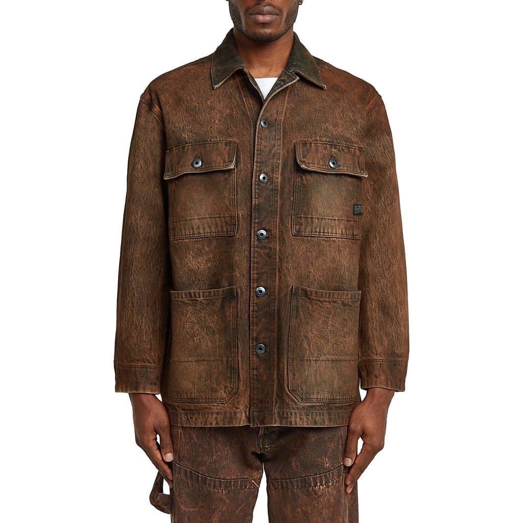G-star Leather Effect Cotton Denim Chore Jacket In Brown