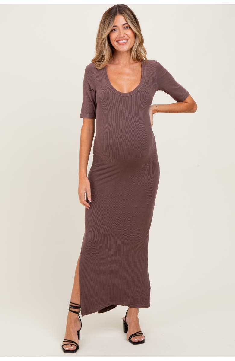 PinkBlush Ruched Short Sleeve Side Slit Midi Dress, Main, color, Brown