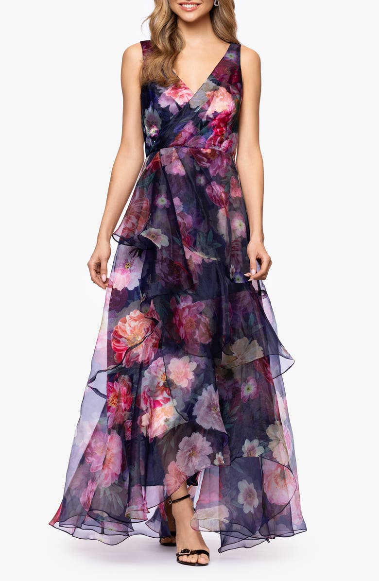 Betsy & Adam Floral Organza Gown, Main, color, Navy/ Multi