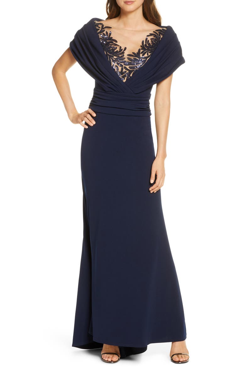 Tadashi Shoji Portrait Collar Sequin Décolletage Gown, Main, color, 