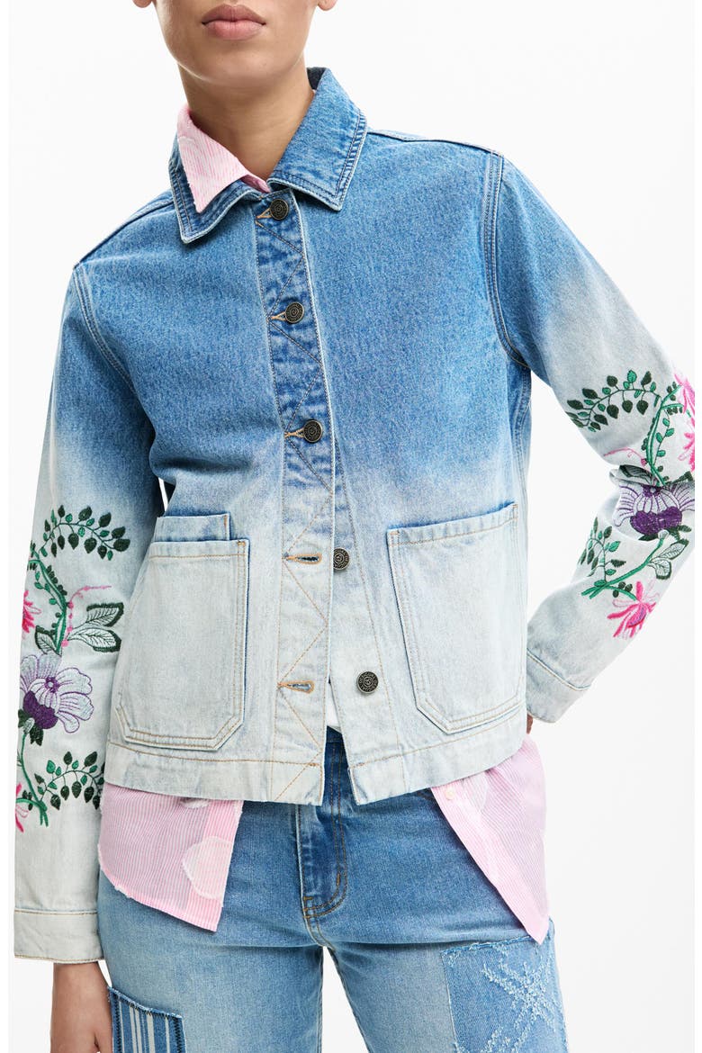 Floral Embroidered Denim Trucker Jacket, Main, color, MEDIUM BLUE