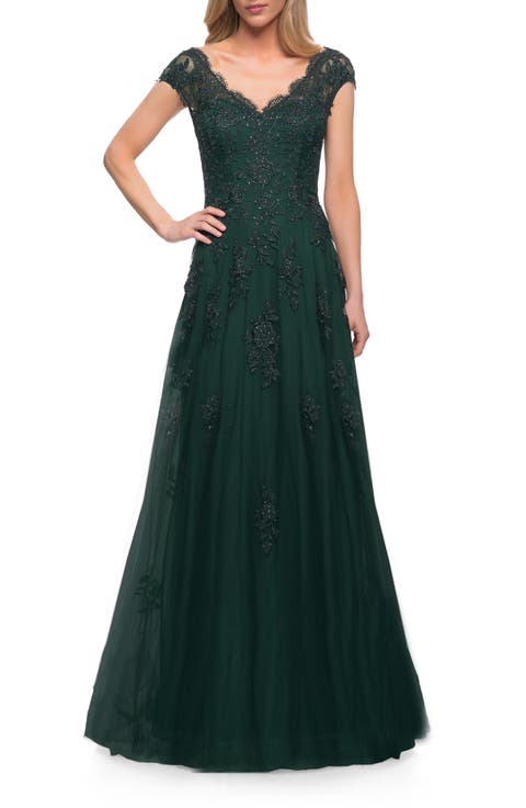 Short Sleeve Lace Gown with Cascading Embellishments