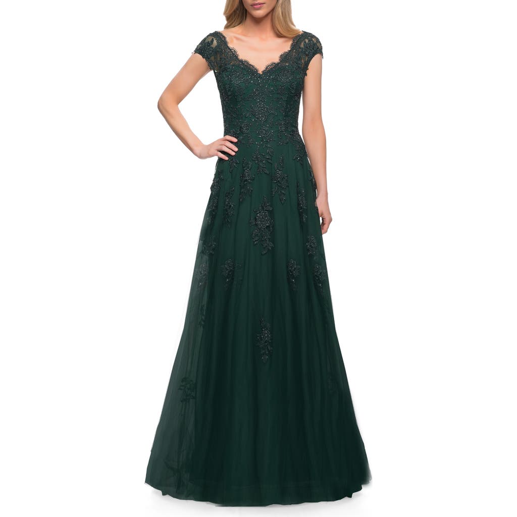 La Femme Cascading Embellishment Short Sleeve Lace Gown