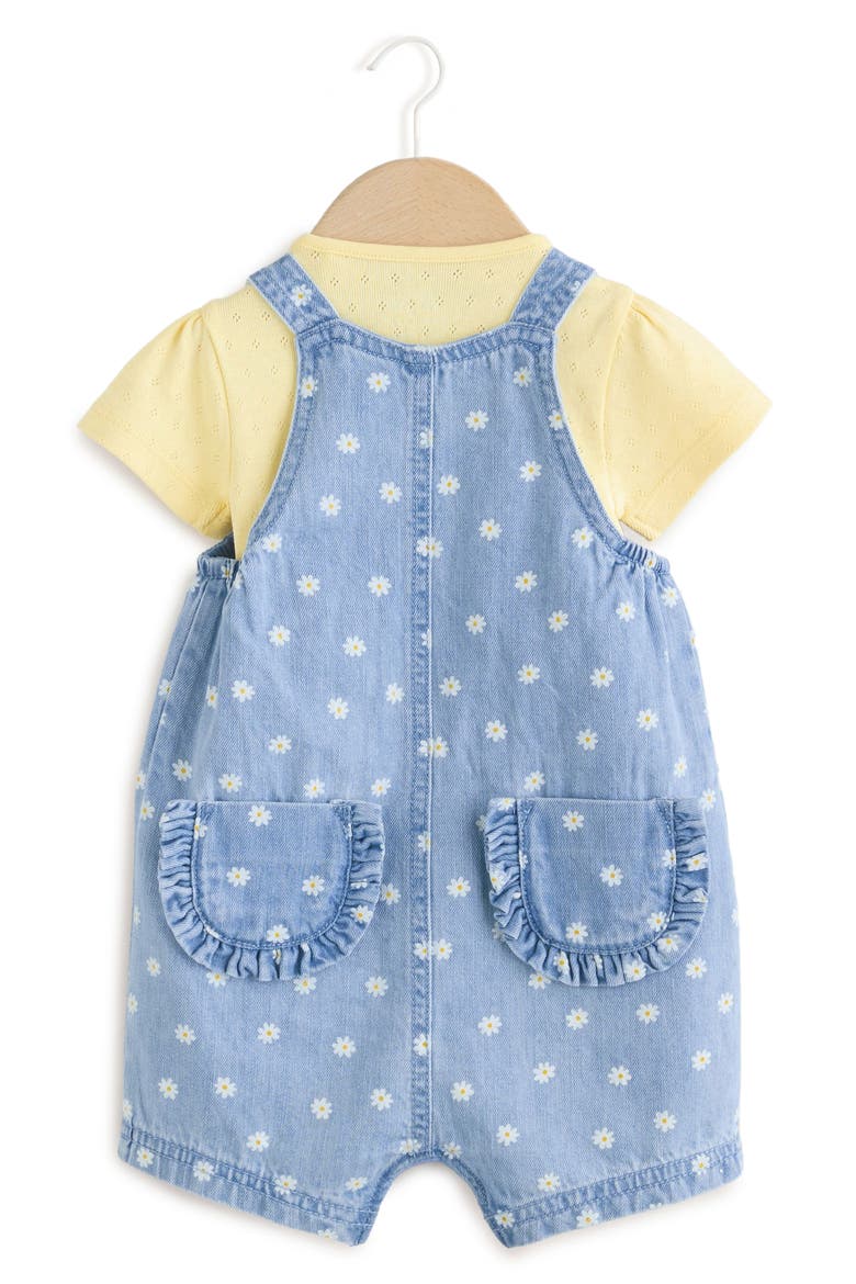 Daisy Print Denim Overalls & Cotton Pointelle Bodysuit Set, Alternate, color, YELLOW/BLUE