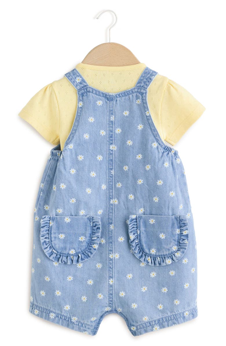 NEXT Daisy Print Denim Overalls & Cotton Pointelle Bodysuit Set, Alternate, color, Yellow/Blue
