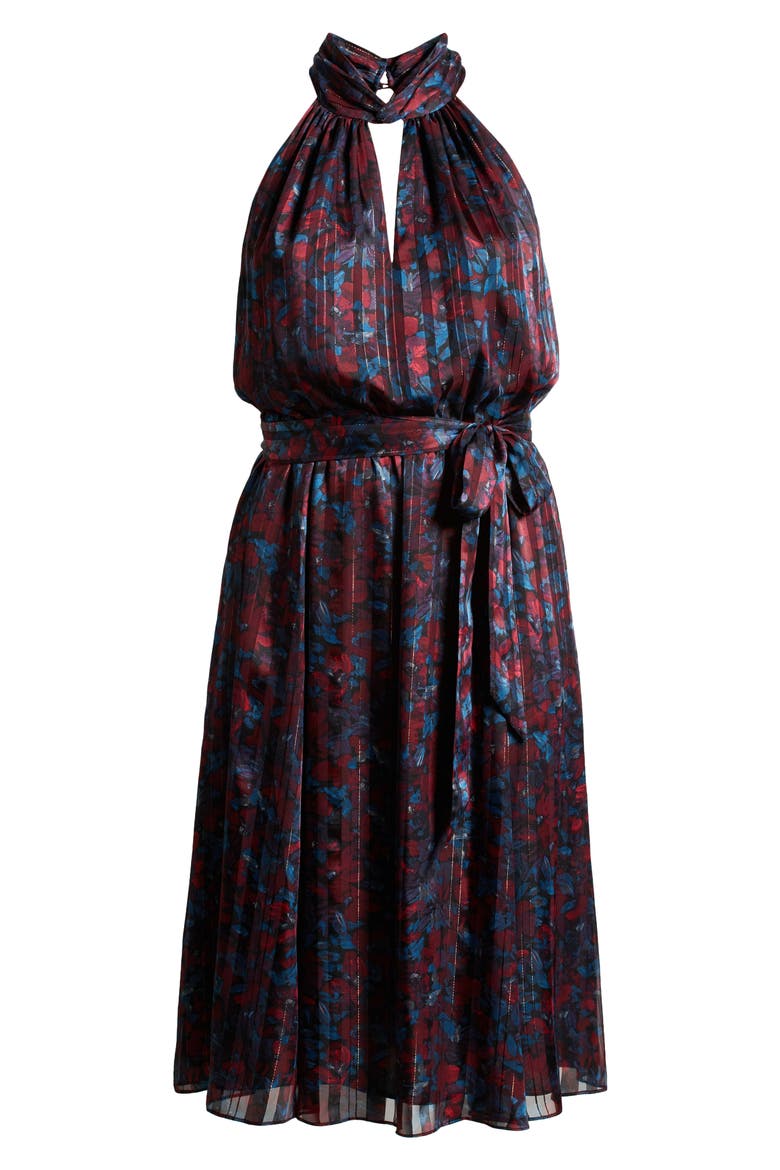 Floral Twist Neck Keyhole Midi Dress, Alternate, color, TITIAN RED / JUNIPER MULTI