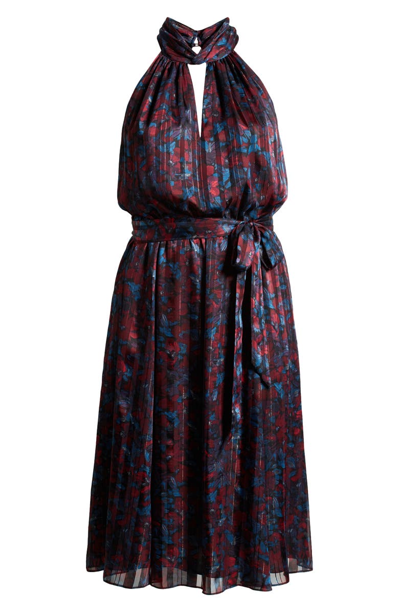 Anne Klein Floral Twist Neck Keyhole Midi Dress, Alternate, color, Titian Red / Juniper Multi