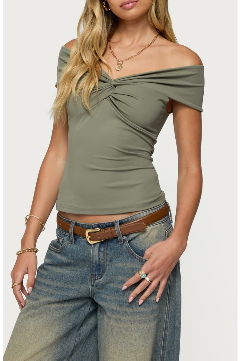 Twist Front Off the Shoulder Top, Alternate, color, OLIVE