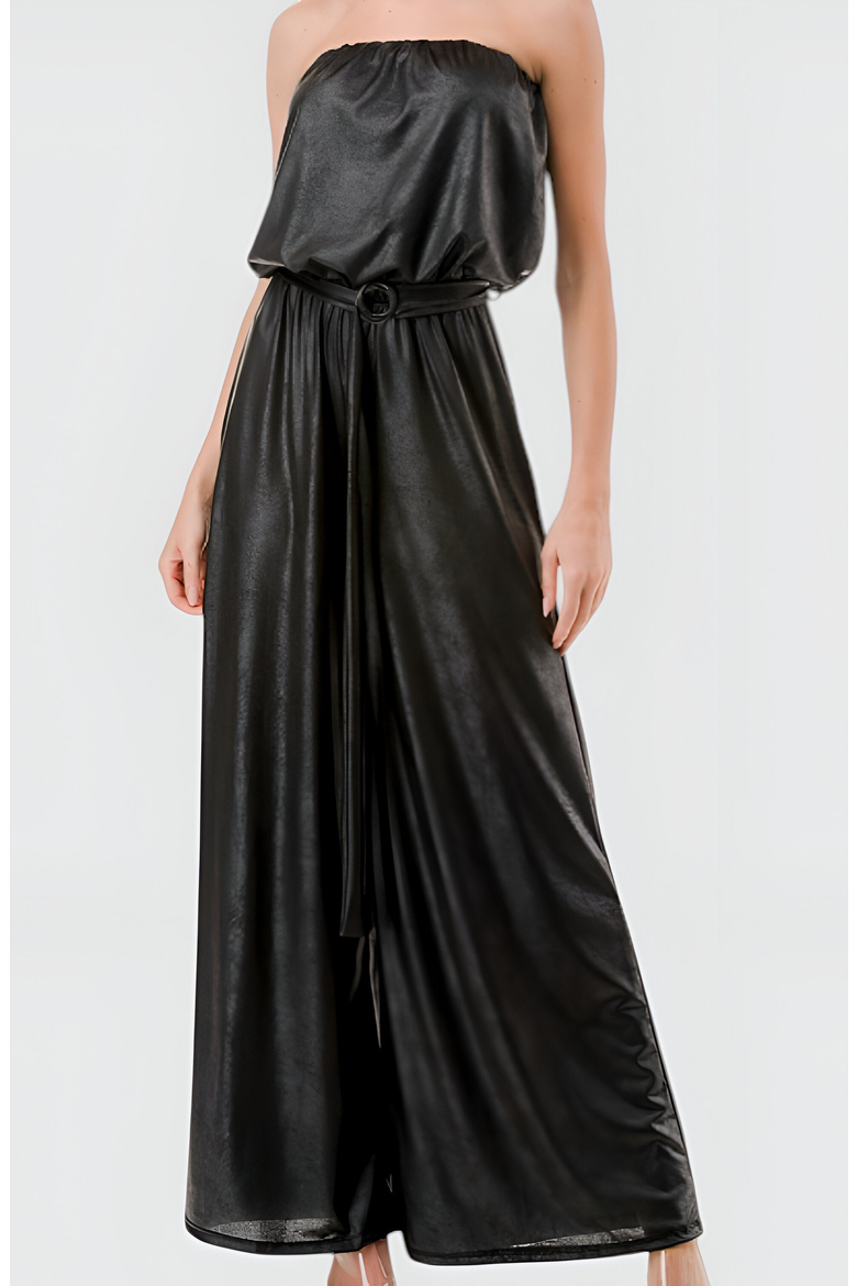 Strapless Satin Jumpsuit with Belted Waist and Wide Leg Silhouette, Alternate, color, Black