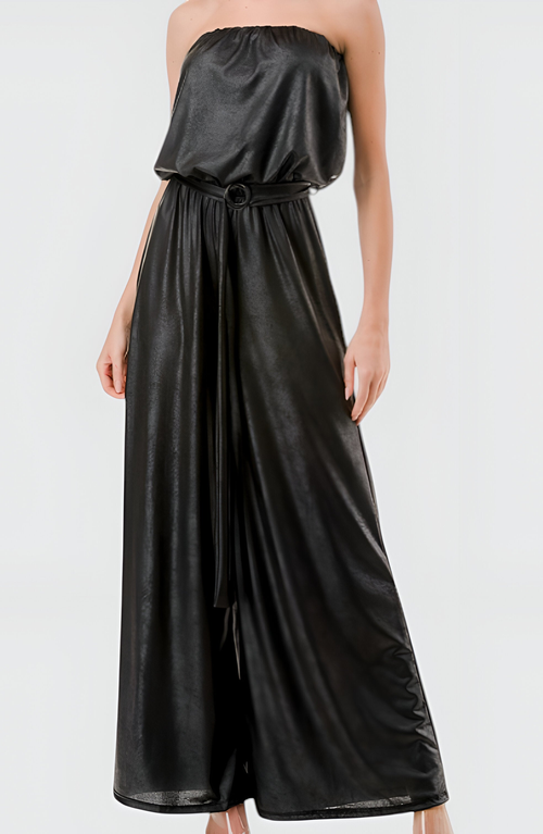 Modenaire Strapless Satin Jumpsuit With Belted Waist And Wide Leg Silhouette In Black