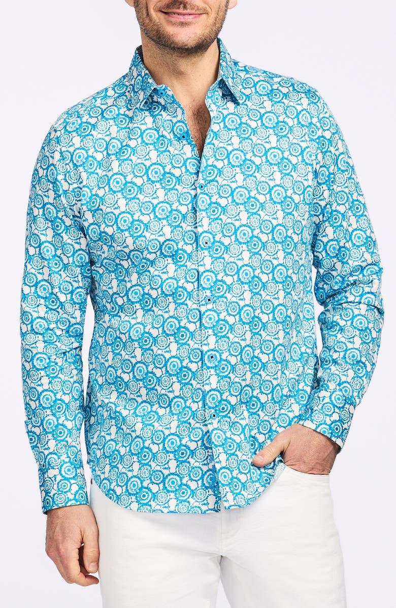 Robert Graham Cantley Cotton Button-Up Shirt, Main, color, Teal