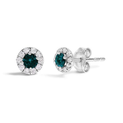 Silver 1/3 Cttw White and Blue Diamond Halo Stud Earring