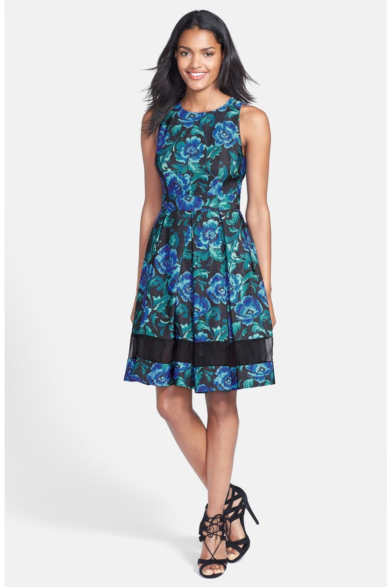Cutout Floral Print Fit & Flare Dress, Alternate, color, BLUE