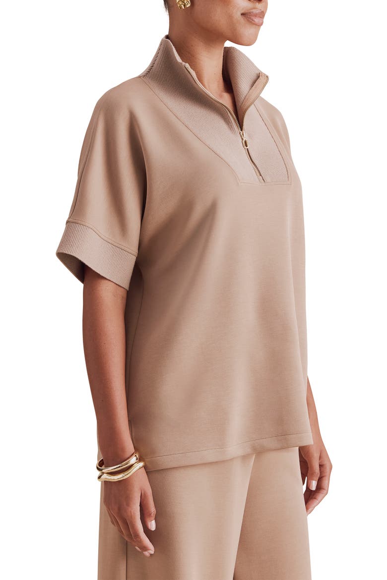 x Cellajaneblog Short Sleeve Scuba Knit Quarter Zip Sweatshirt, Alternate, color, PRALINE BROWN