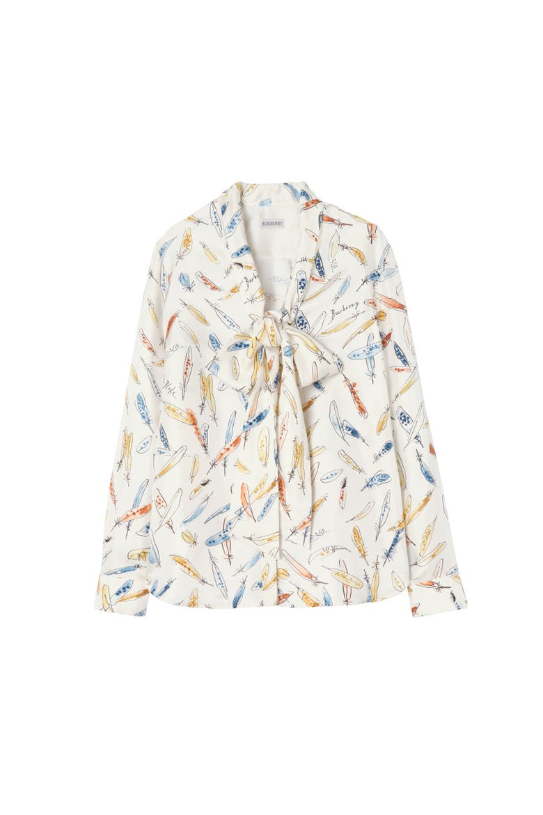 Feather Print Silk Scarf Blouse, Alternate, color, Ink blue