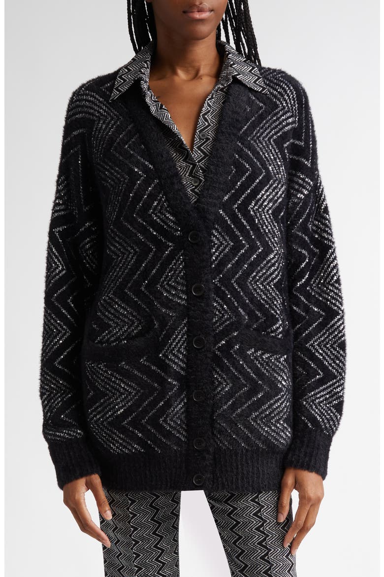 Oversize Sequin Embellished Zigzag Cardigan, Main, color, BASE BLACK AND ZIGZAG WHITE