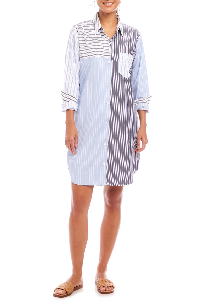 Mixed Stripe Long Sleeve Shirtdress, Main, color, BLUE STRIPE