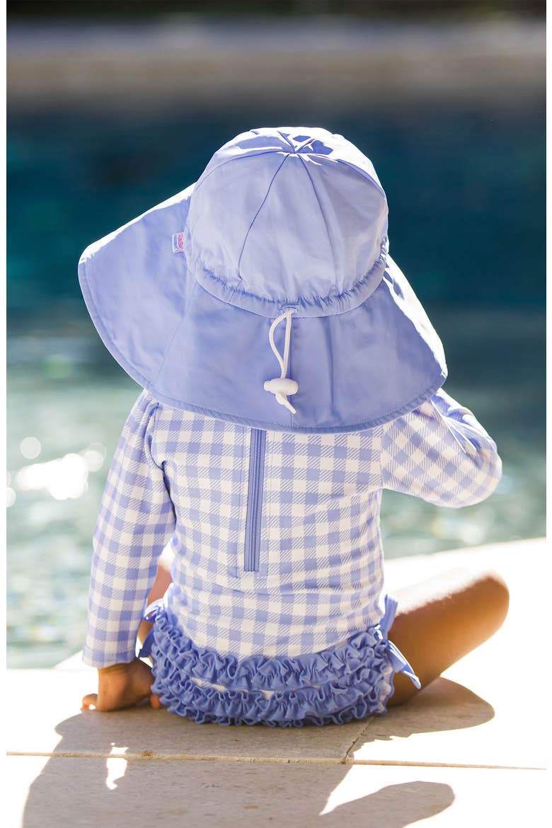 Gingham Long Sleeve One-Piece Rashguard Swimsuit & Hat Set, Alternate, color, BLUE