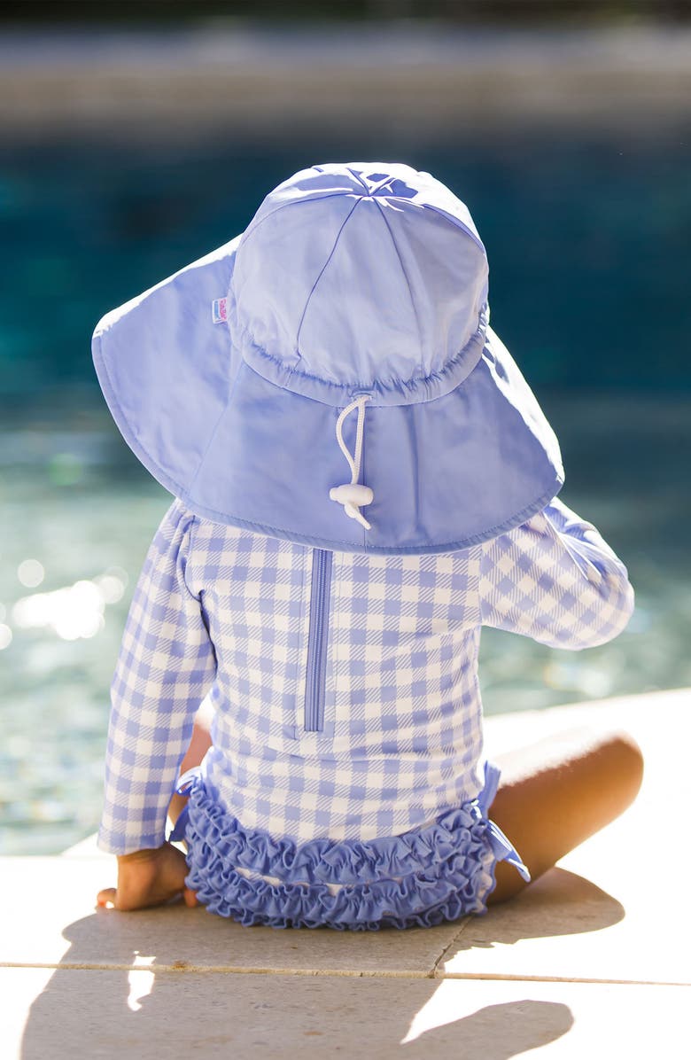 RuffleButts Gingham Long Sleeve One-Piece Rashguard Swimsuit & Hat Set, Alternate, color, Blue