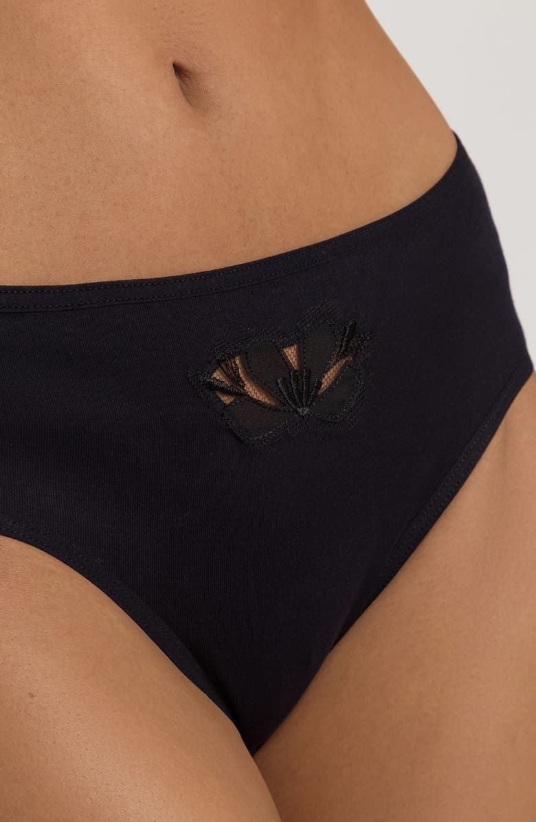 Hanro Kalea Embroidered Inset Cotton Briefs, Alternate, color, Black