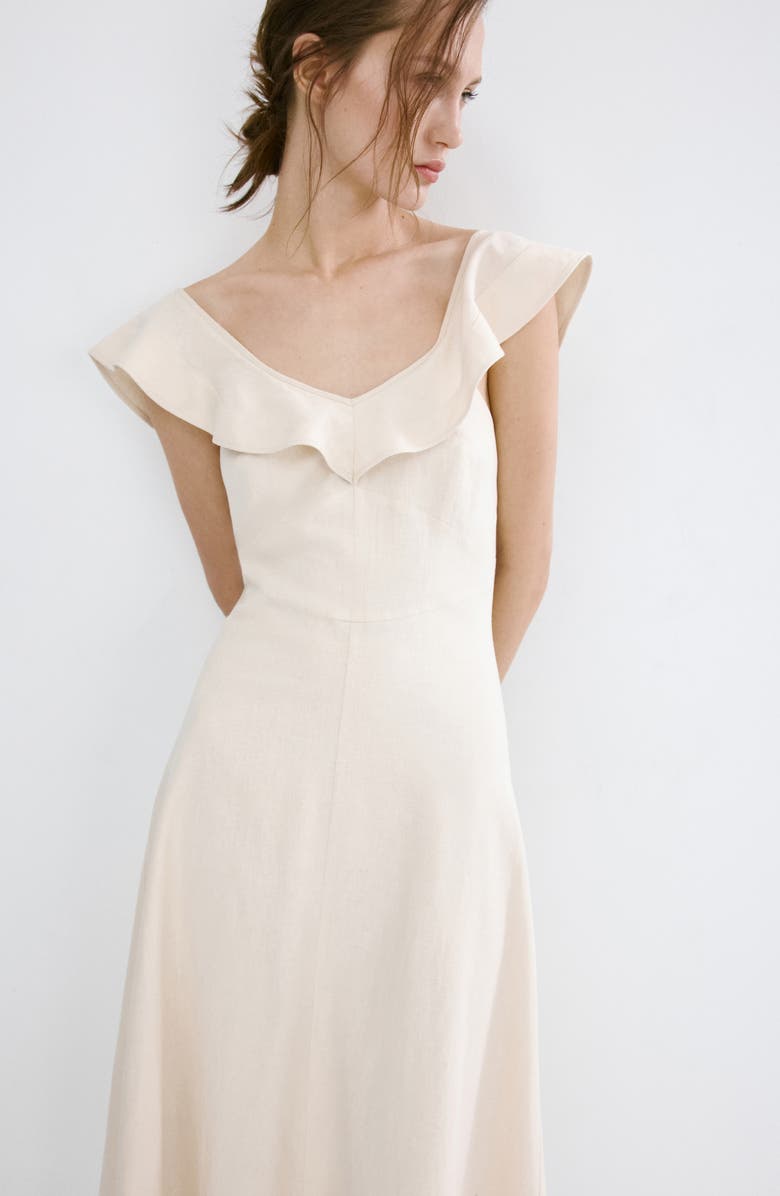 MANGO Ruffle Linen Blend Midi Dress, Alternate, color, 