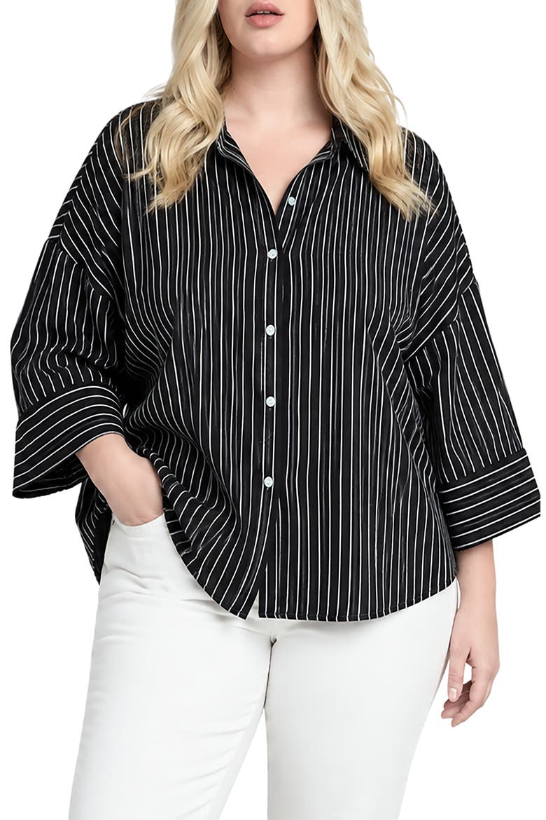 Striped Drop Shoulder Button Down Shirt, Main, color, BLACK STRIPE