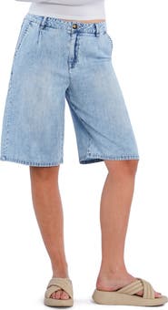 HINT OF BLU Chill Pleated Mid Rise Denim Bermuda Shorts