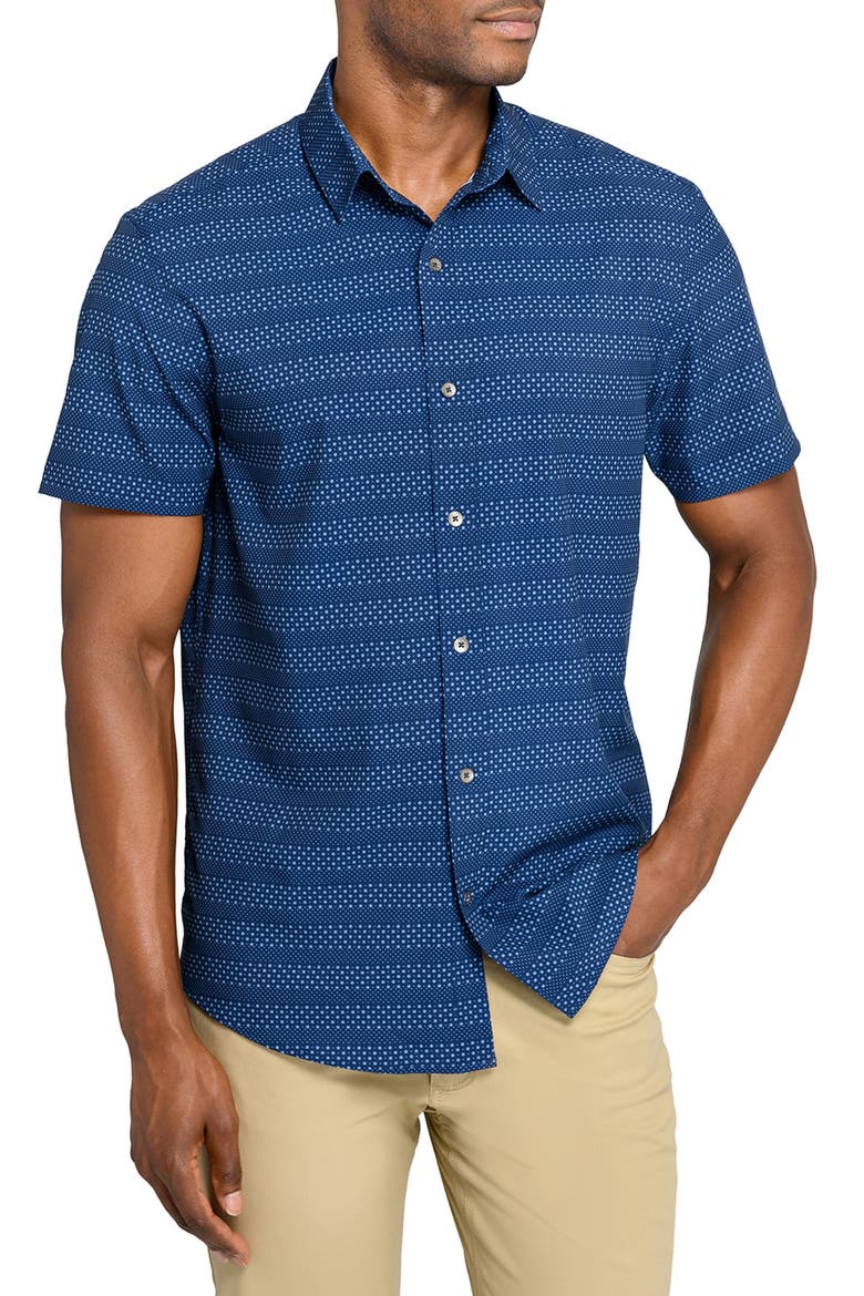 Slim Fit Micro Geo Short Sleeve Performance Button-Up Shirt, Main, color, NAVY