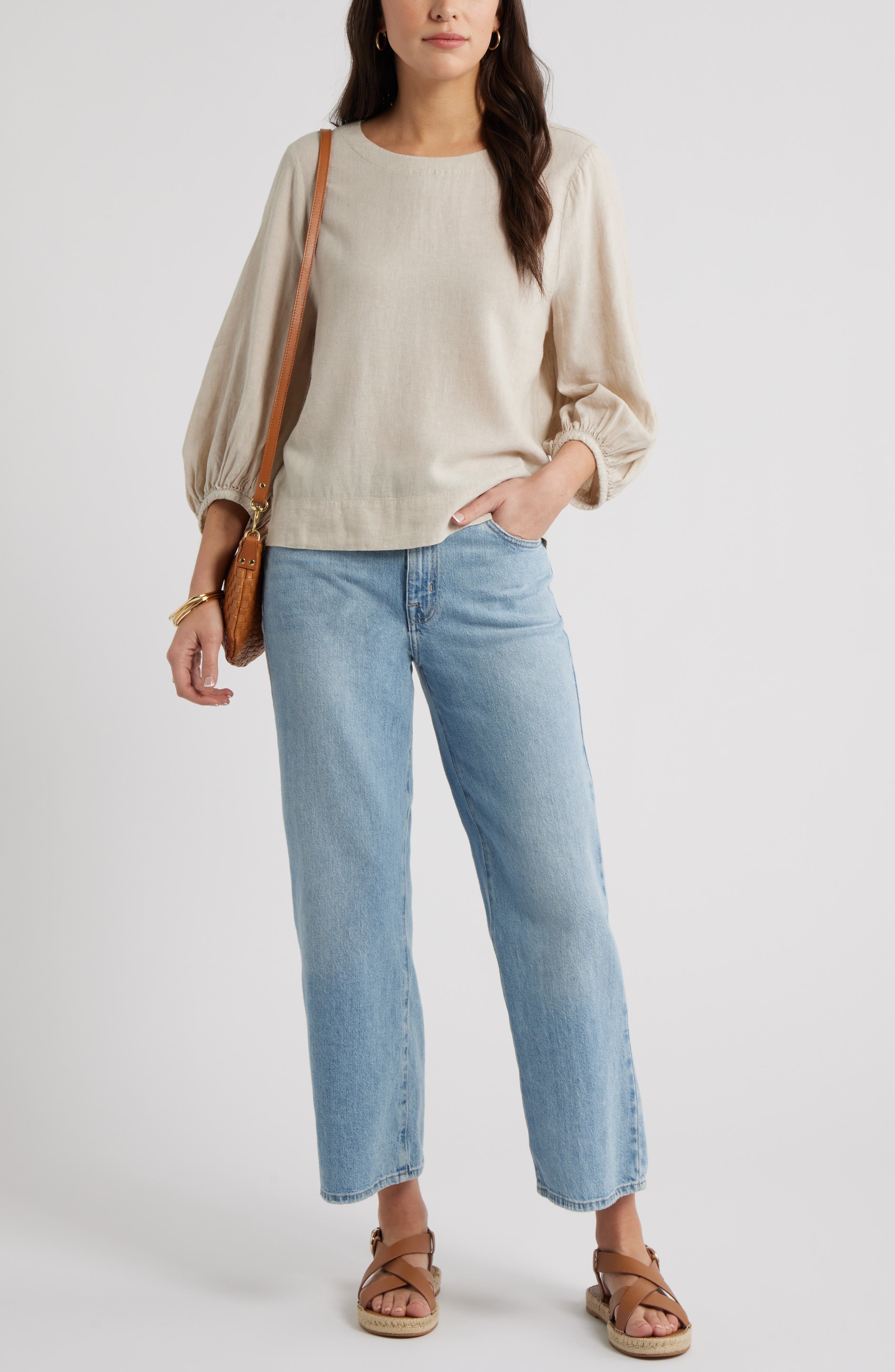Balloon Sleeve Linen Blend Top - image 2