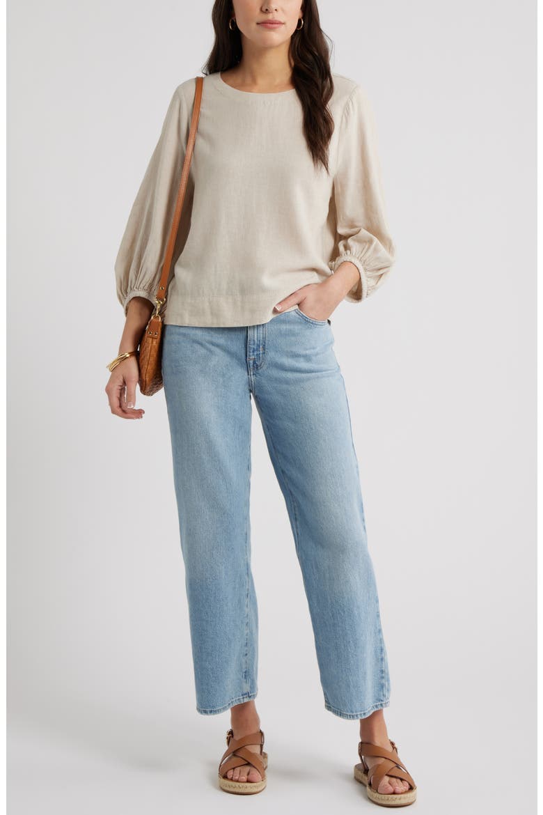Balloon Sleeve Linen Blend Top, Alternate, color, FLAX