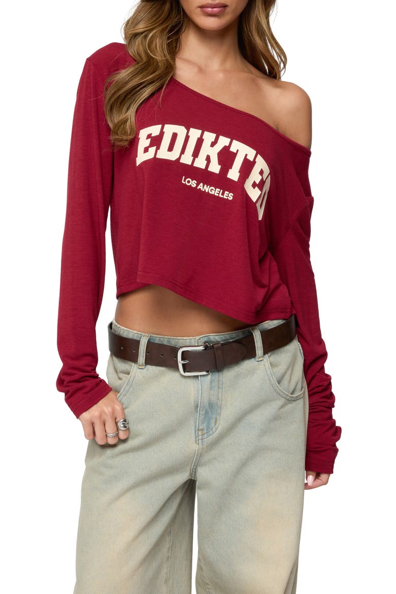 LA Babe Off the Shoulder Crop Graphic T-Shirt, Main, color, BURGUNDY
