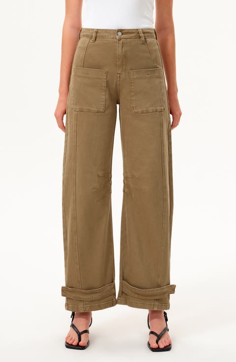 High Waist Patch Pocket Wide Leg Barrel Jeans