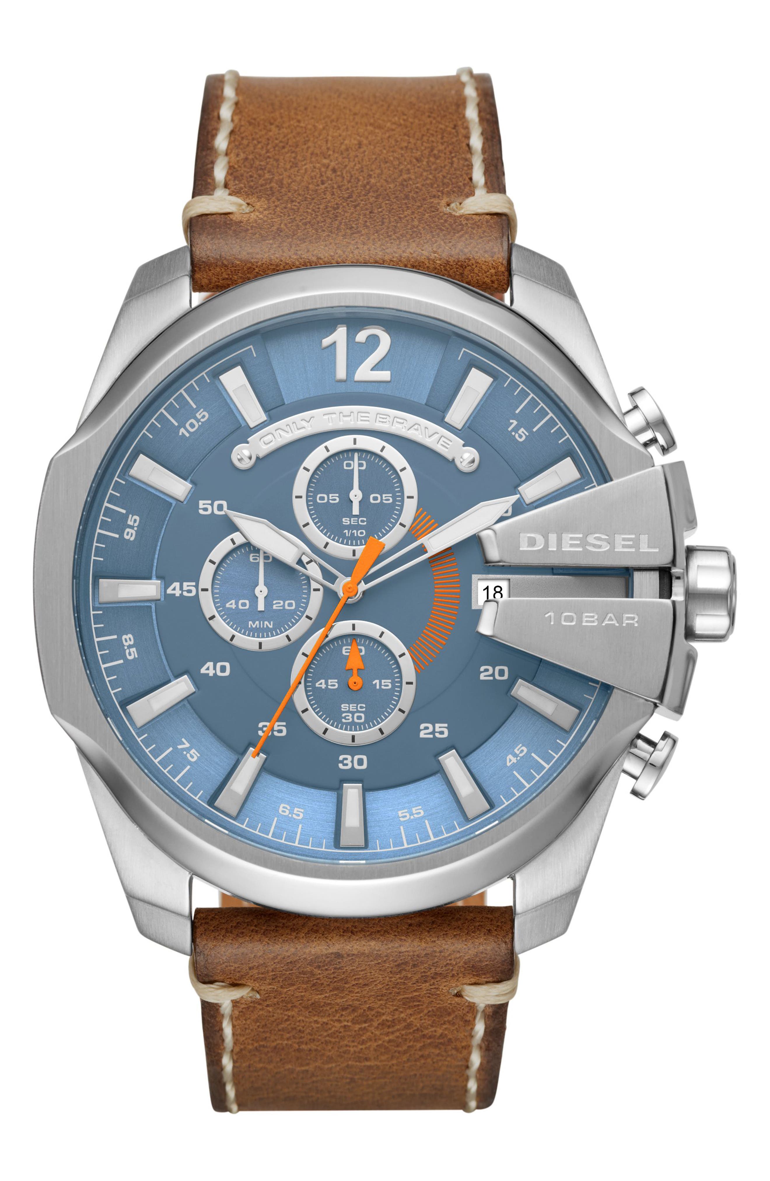 DIESEL® Mega Chief Leather Strap Watch, 51mm