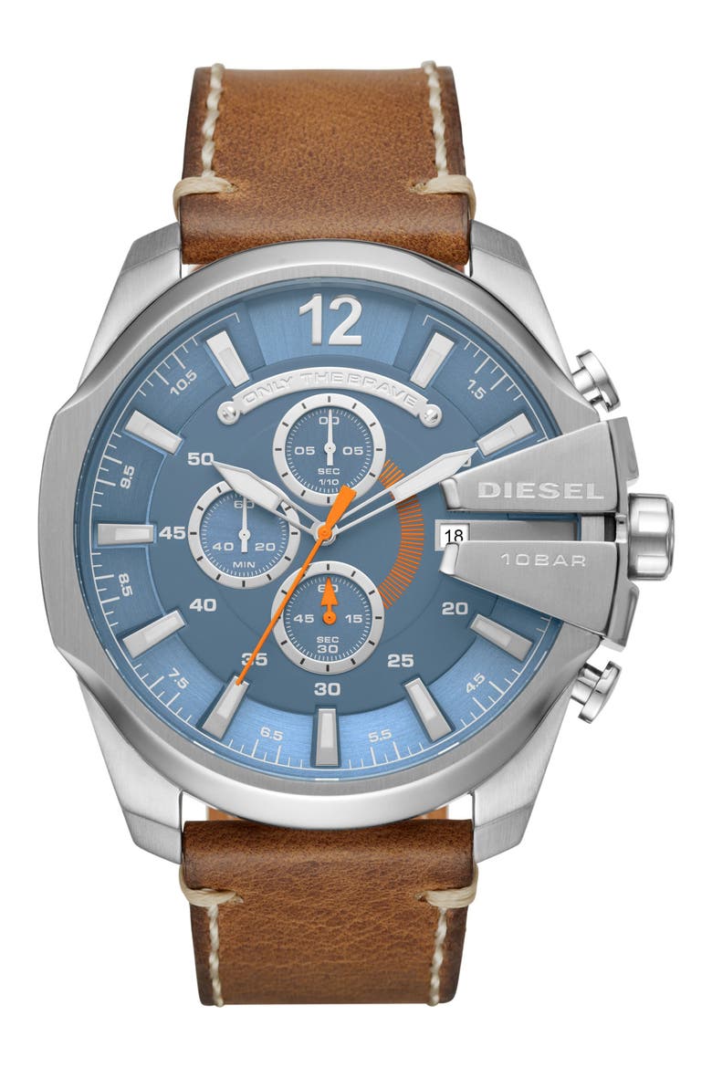 Mega Chief Leather Strap Watch, 51mm, Main, color, BROWN