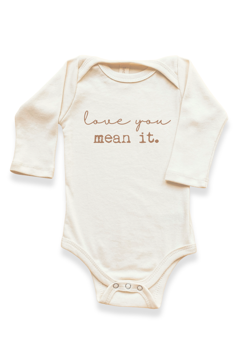 Love You Mean It - Organic Long Sleeve Baby Bodysuit, Main, color, Natural Clay Lettering